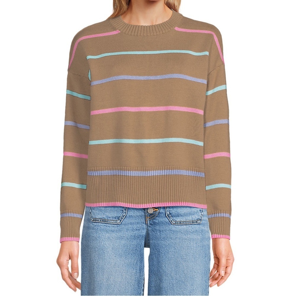 Lands End Women's Drifter Easy Fit Sweater Honey Beige Multi Stripe Large Cotton